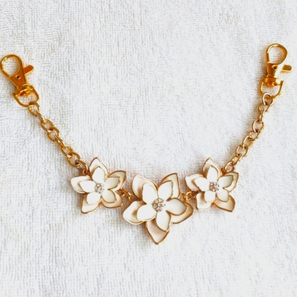 Purse Chain Charm 3 Camelia Plumeria Flowers Roses w Simulated Diamond G… - Picture 2 of 11